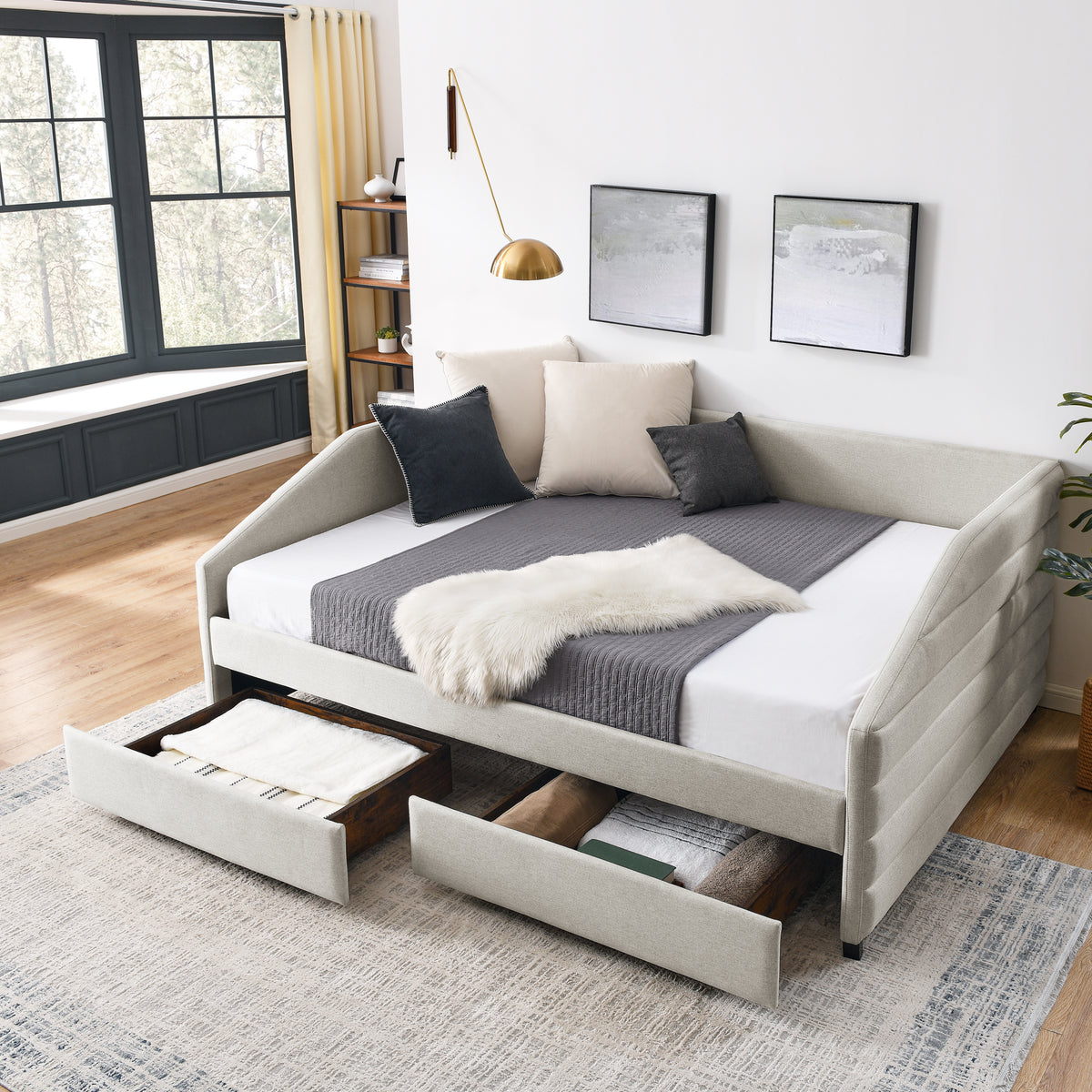 Queen Size Daybed with Two Drawers Trundle Upholstered Tufted Sofa Bed, Linen Fabric, Beige (88"x64.5"x34") W487S00176-djyc