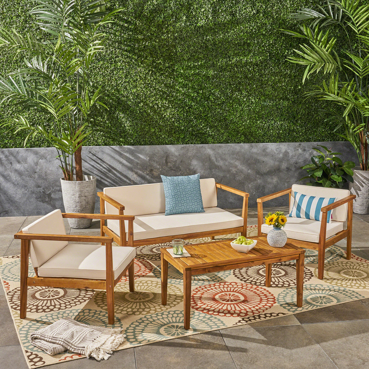 Outdoor 4-Seater Acacia Wood Chat Set with Coffee Table with Cushions, Teak and Beige 63347.00BGE-djyc