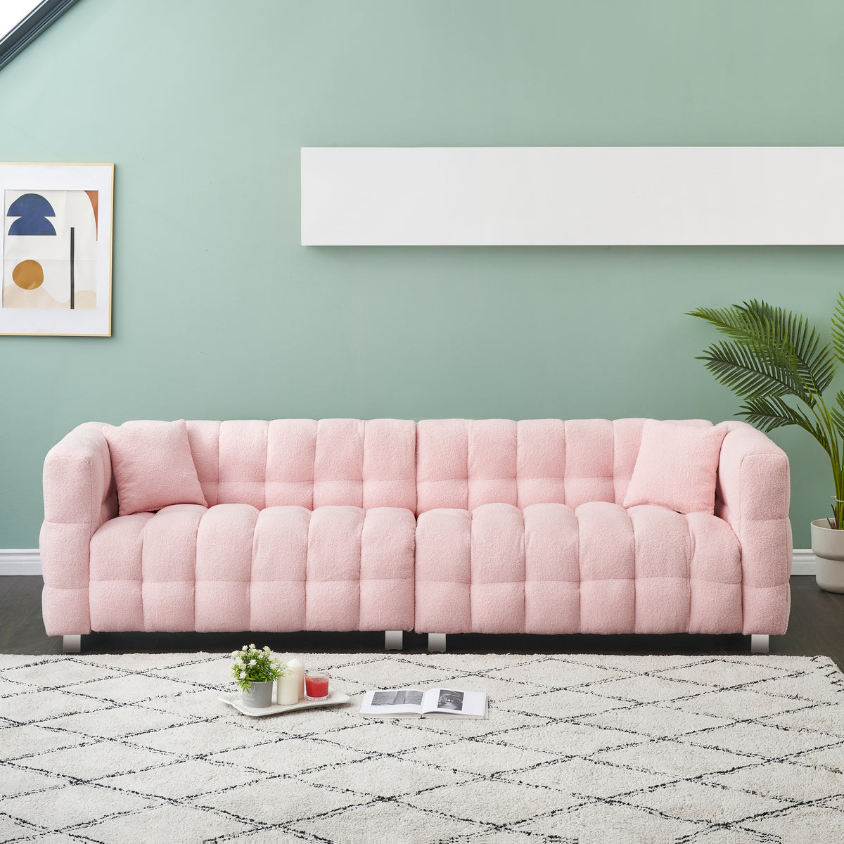 Charming 102-Inch Pink Teddy Fleece Sofa for Living Room, Bedroom, or Apartment - Includes Two Chic Throw Pillows & Sturdily Supported by Hardware Feet W1278S00019-djyc