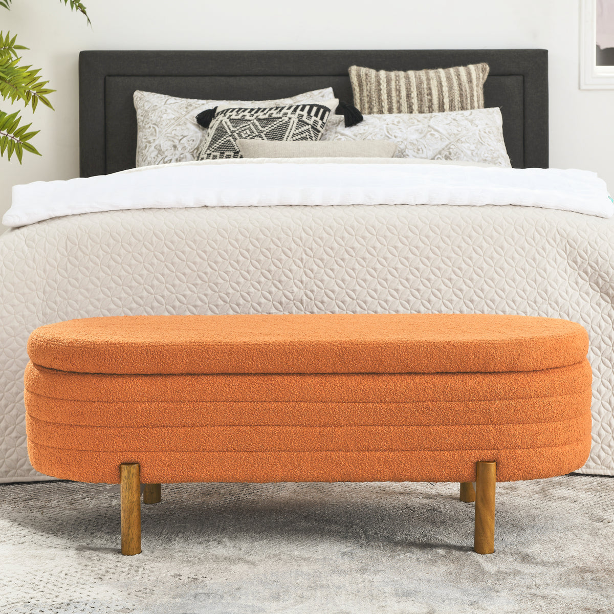 Ottoman Oval Storage Bench,Rubber Wood Leg,Orange(46."x17.7"x10.8") W487P178762-djyc