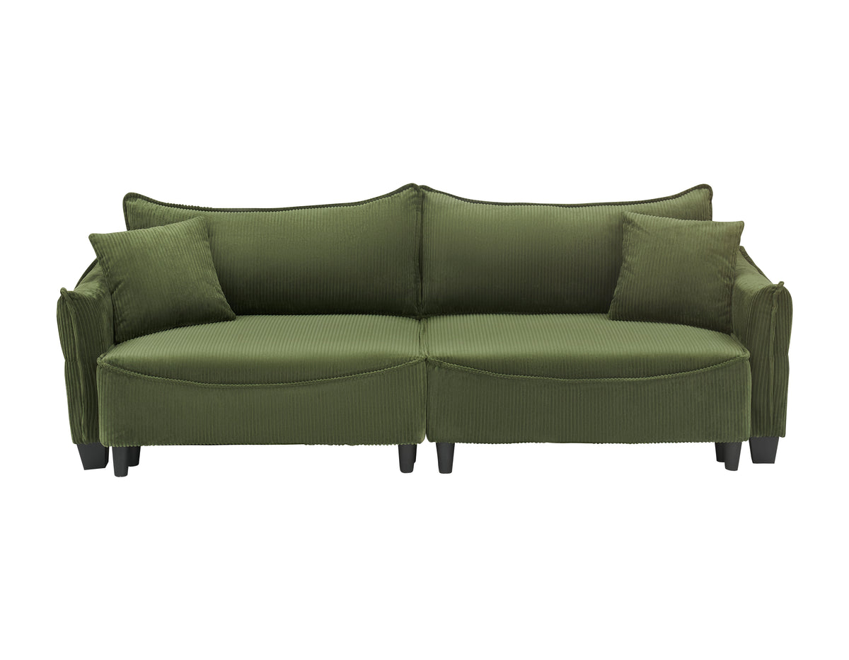 Sofa Showcasing Green Corduroy Fabric, Transformable into Sofa Bed with Two Throw Pillows: Ideal for Living Rooms & Diverse Scenes W1278S00038-djyc