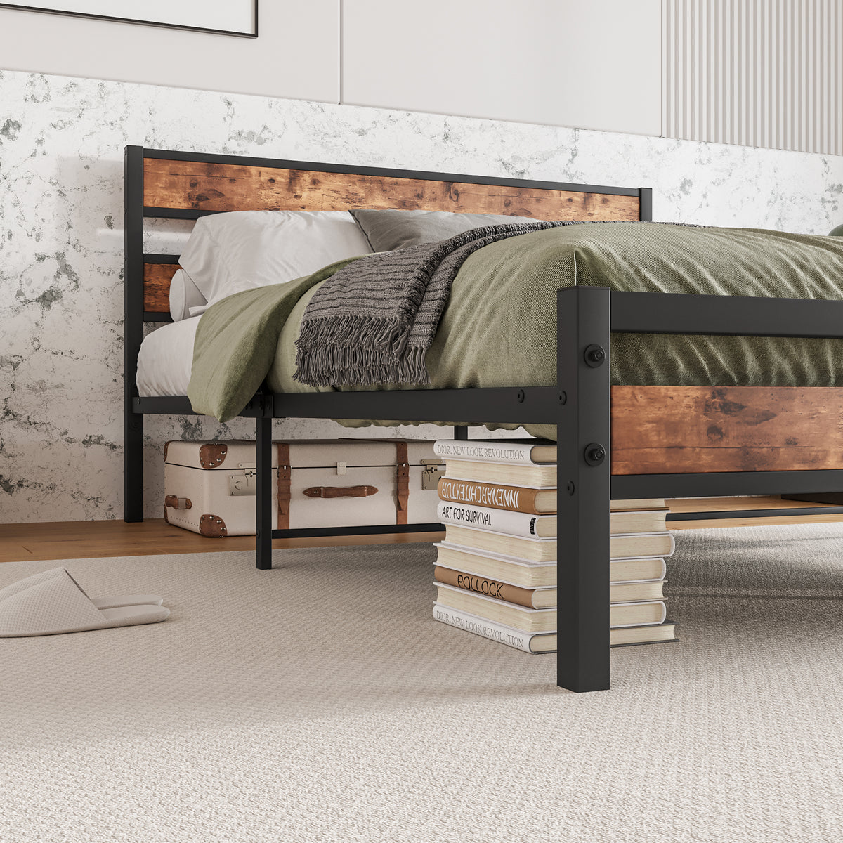 Queen Size Platform Bed Frame with Rustic Vintage Wood Headboard, Strong Metal Slats Support, No Box Spring Needed W840P144084-djyc