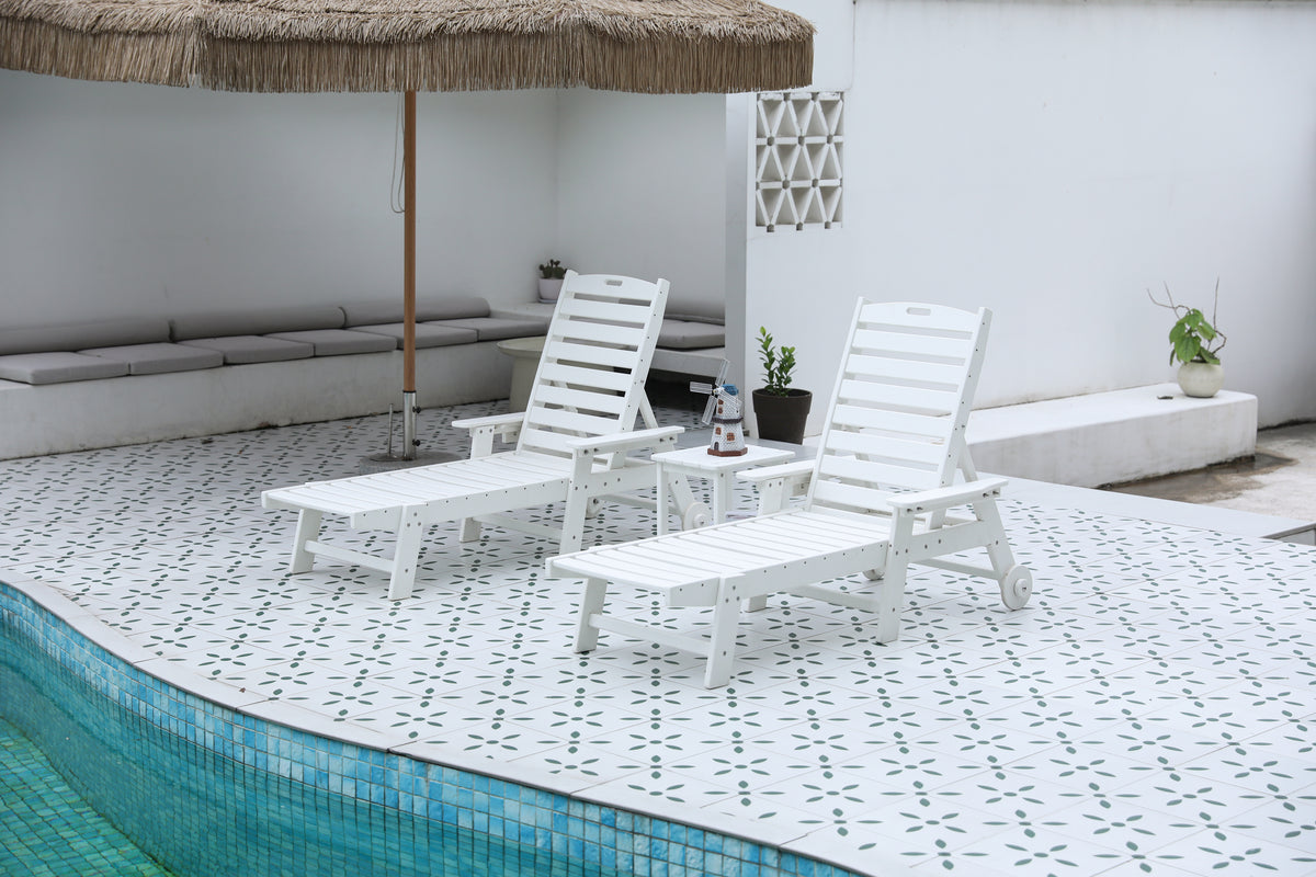 Lounge Chair with Side Table, 3-Piece Oversized Chaise Lounge Chair Setwith Wood Texture,White, All Weather Patio Lounge Chair with 5 Positions,Wheels &Cup Holder(include 2Lounge chairs and 1Table) W2103P254668-djyc