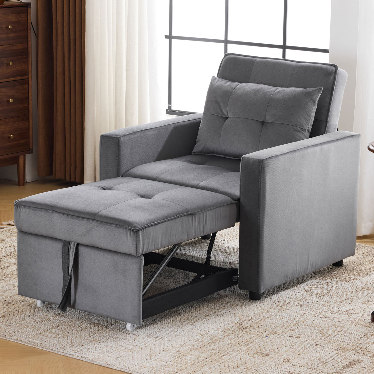 Convertible Sleeper Sofa Chair Bed with Pillow & Pocket, 3-in-1 Sofa Bed Sleeper Chair in Modern Velvet Fabric for Living Room, Bedroom, Study, Apartment, Gray N765P21617172G-djyc