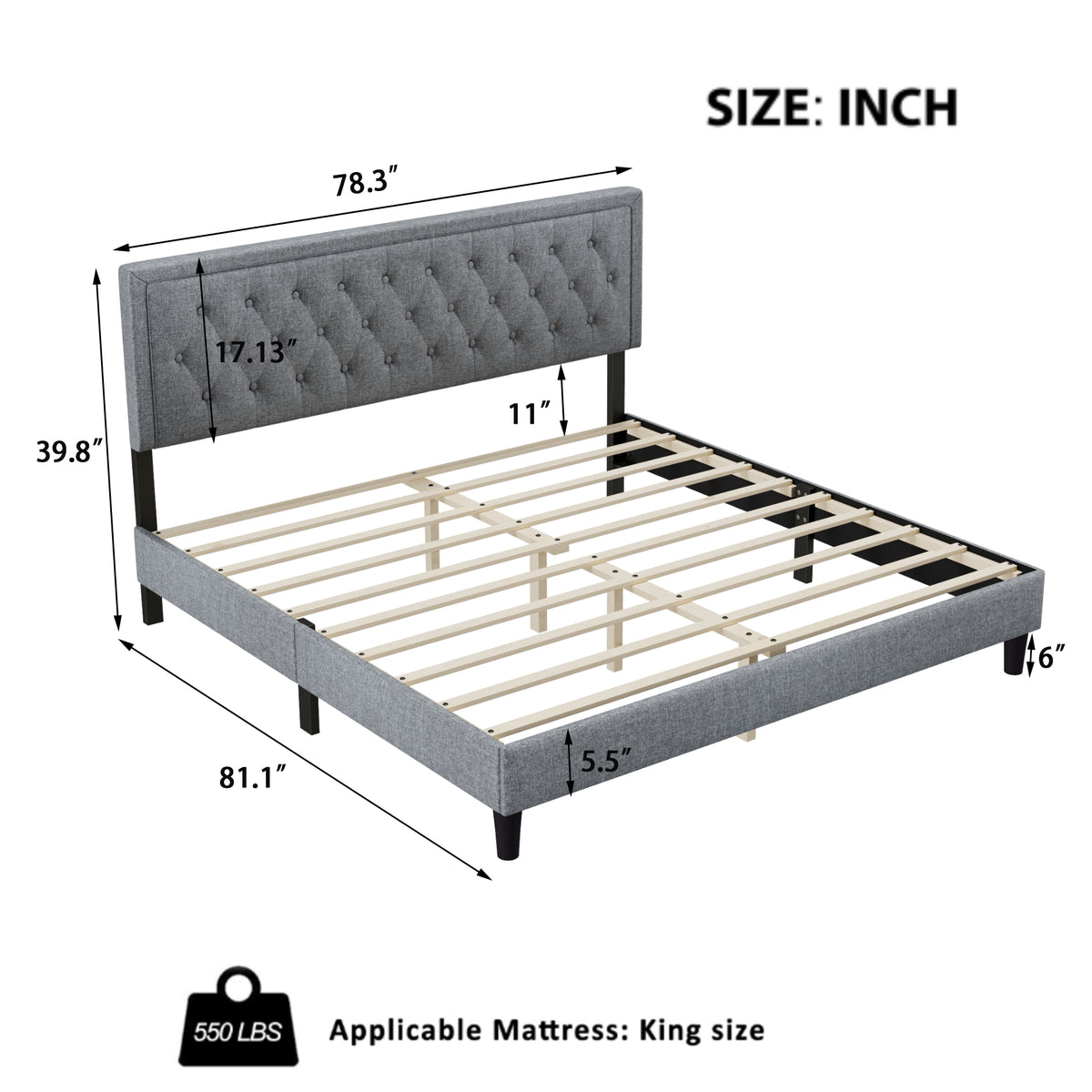 King size Panel Bed Frame with Adjustable Button-Tufted Headboard for Bedroom/Linen Upholstered/Wood Slat Support/Easy Assembly,Light Grey W1793140501-djyc