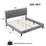 King size Panel Bed Frame with Adjustable Button-Tufted Headboard for Bedroom/Linen Upholstered/Wood Slat Support/Easy Assembly,Light Grey W1793140501-djyc