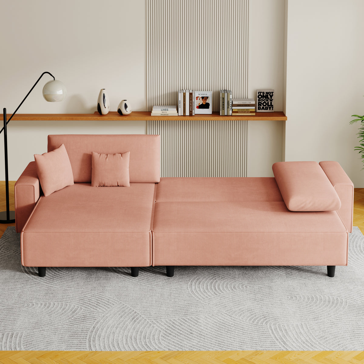 Spacious 93-Inch Orange Corduroy Sofa Bed with Two Pillows - Ideal for Living Room or Apartment, Ensuring a Roomy & Uncluttered Space W1278S00024-djyc