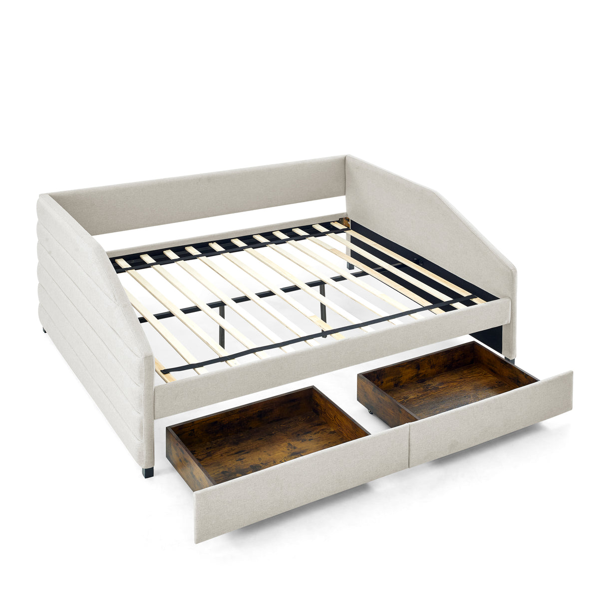 Queen Size Daybed with Two Drawers Trundle Upholstered Tufted Sofa Bed, Linen Fabric, Beige (88"x64.5"x34") W487S00176-djyc