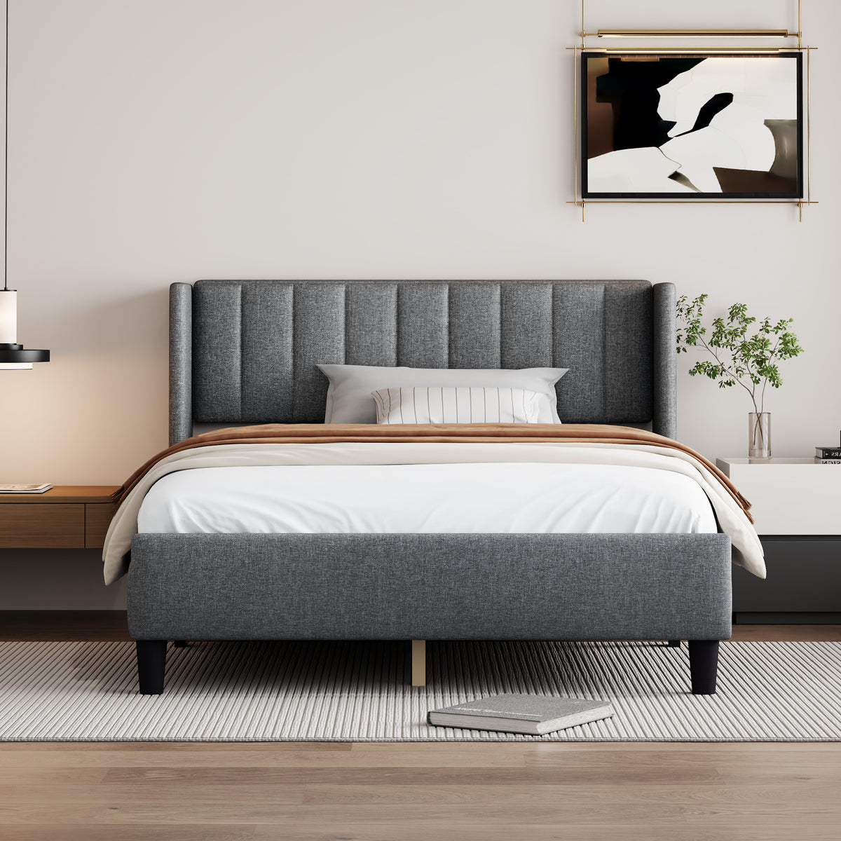 Queen size Upholstered Platform Bed Frame with Headboard, Mattress Foundation, Wood Slat Support, Quiet, no Box Spring Needed, Easy to Assemble Light Grey W1793140457-djyc