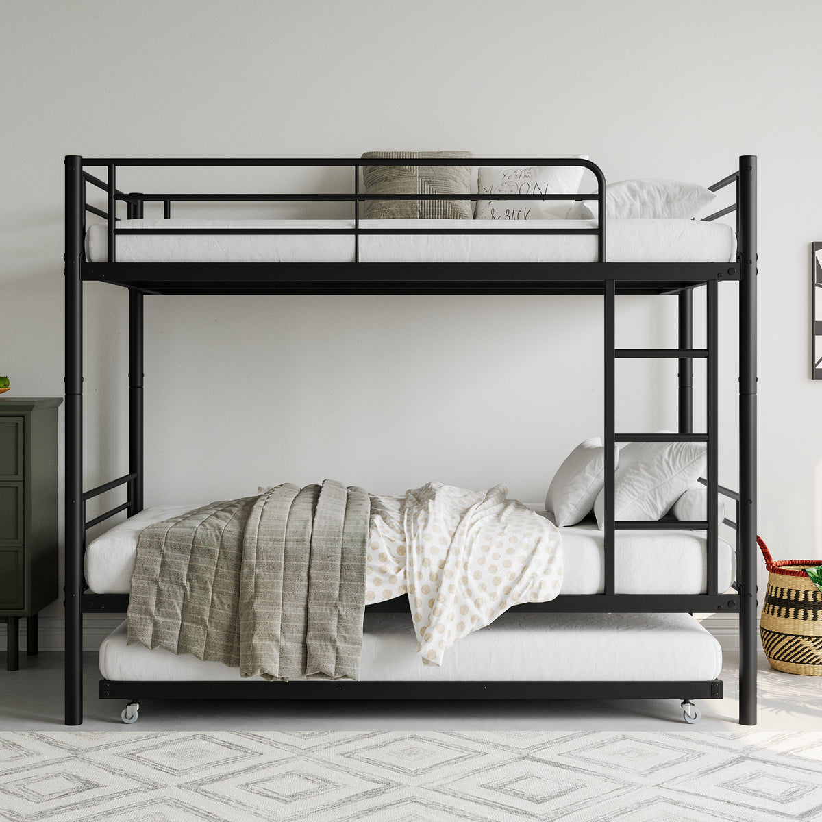 Twin Bunk Bed with Trundle Metal Bunkbeds with Ladder and Full-Length Guardrail, Noise Free, No Box Spring Needed, Black W840P196829-djyc