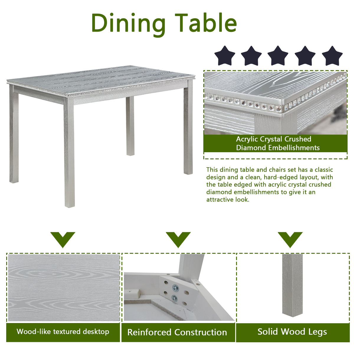 5 Piece Wooden Dining Table Set, Kitchen Table Set with a Rectangular Table and 4 Upholstered Chairs, Wooden Dining Room Table with Crystal Decoration and Chairs Set, Silver grey W1998S00048-djyc
