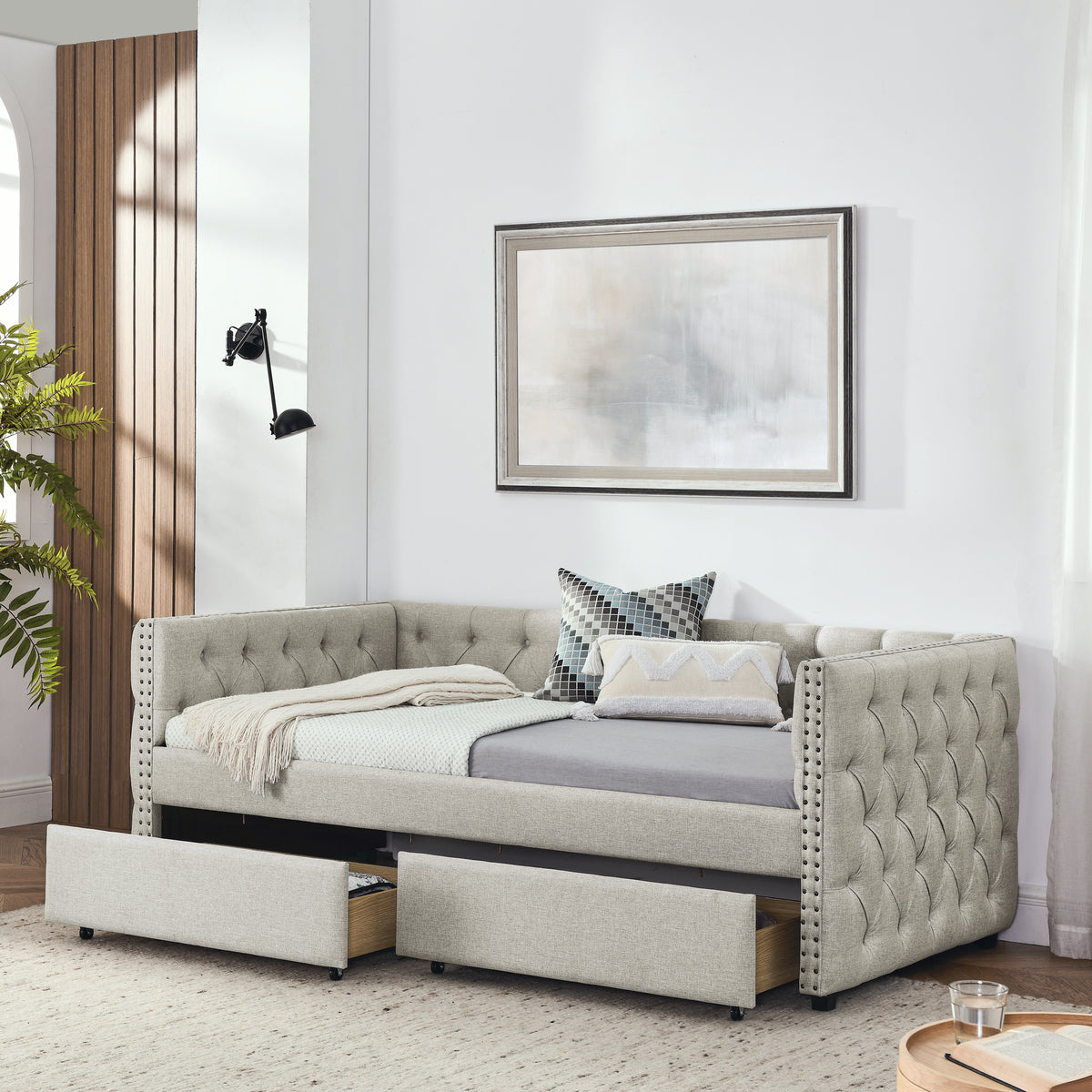 Upholstered Twin Size Daybed with Two Drawers, with Button and Copper Nail on Square Arms, Beige (82.75''x43''x30.75'') W487S00217-djyc