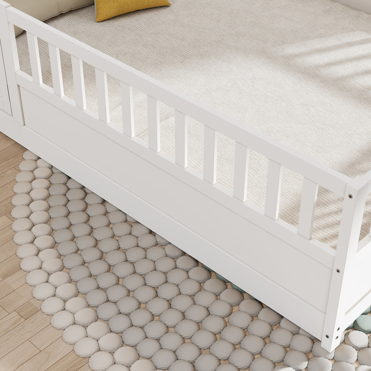 Full sizeFloor bed, integral construction with super high security barrier, door, children's floor bed frame, Montessori wooden children's floor bed, Support slat white W1858P164943-djyc