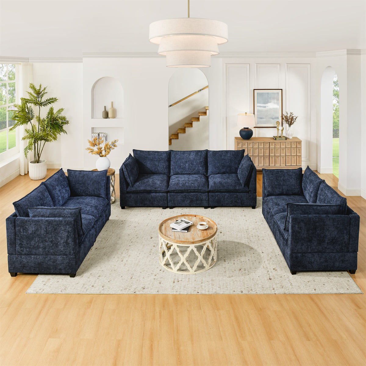 3-Piece Chenille Fabric Upholstered Living Room Furniture Set, Including 3-Seater Sofa andV2 Loveseat Sofa with Seat and Back Cushion(Blue) W1117S00190-djyc
