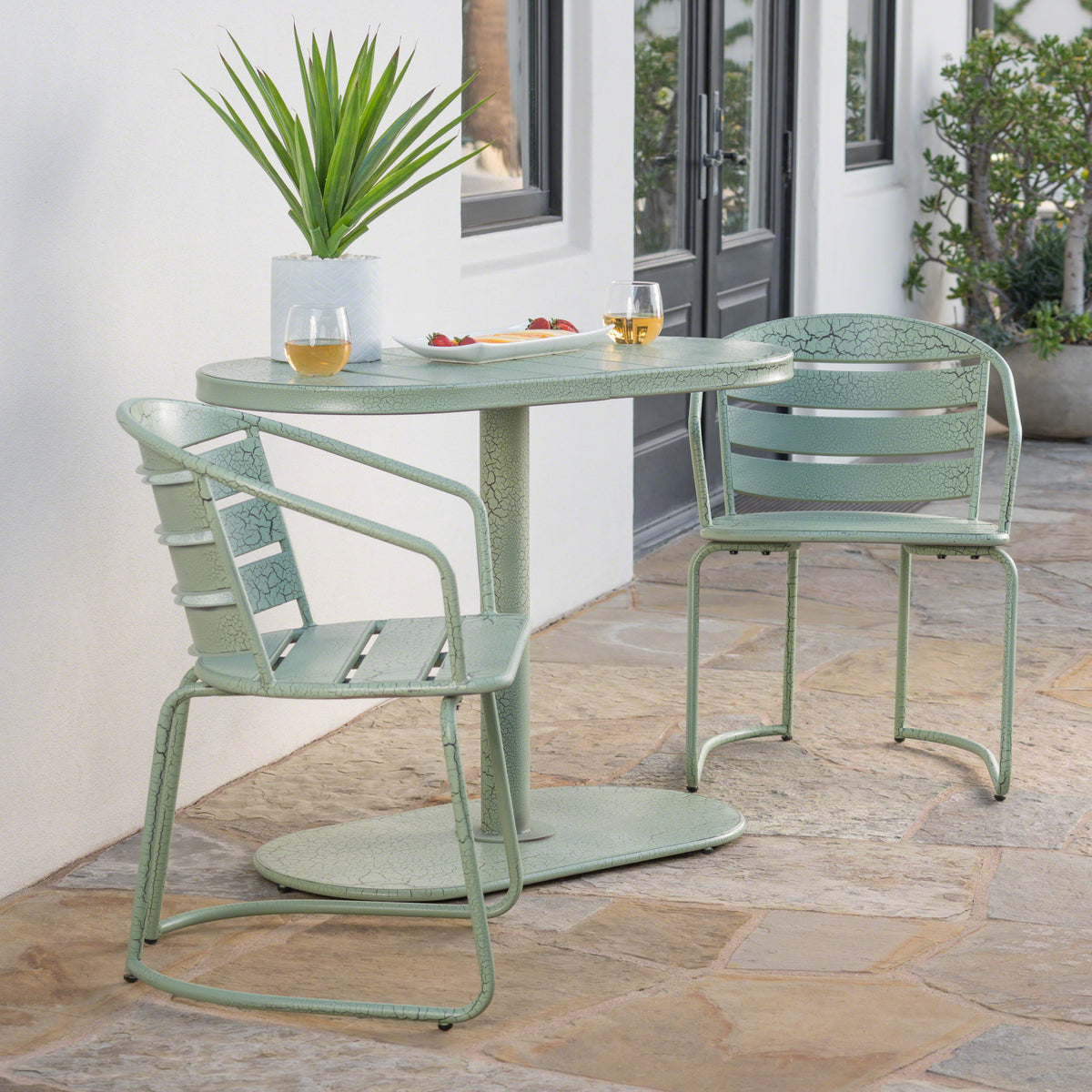 Noble House Outdoor Bistro Set – Matte Teal Iron Construction, Oval Table & Slatted Chairs 62015.00CGRN-djyc