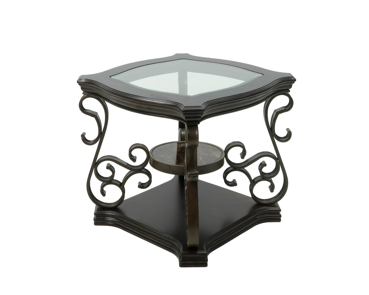 End table,Glass table top, MDF W/marble paper middle shelf, powder coat finish metal legs. (26.3"Lx26.3"Wx24"H) W48720761-djyc
