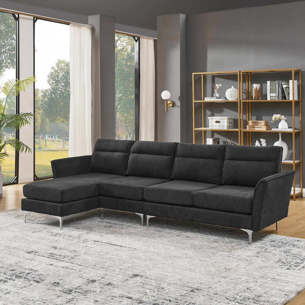 Modern Sofa 3-Seat Couch with Stainless Steel Trim and Metal Legs for Living Room,New package compression sofa technology,black W487S00233-djyc