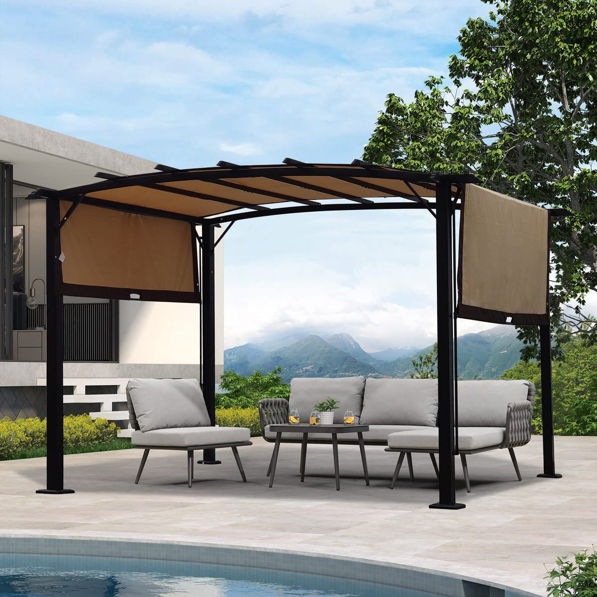 12 x 9 Ft Outdoor Pergola Patio Gazebo,Retractable Shade Canopy,SteelFrame Grape Gazebo,Sunshelter Pergola for Gardens,Terraces,Backyard-Beige Same as W419S00017 W419S00041-djyc