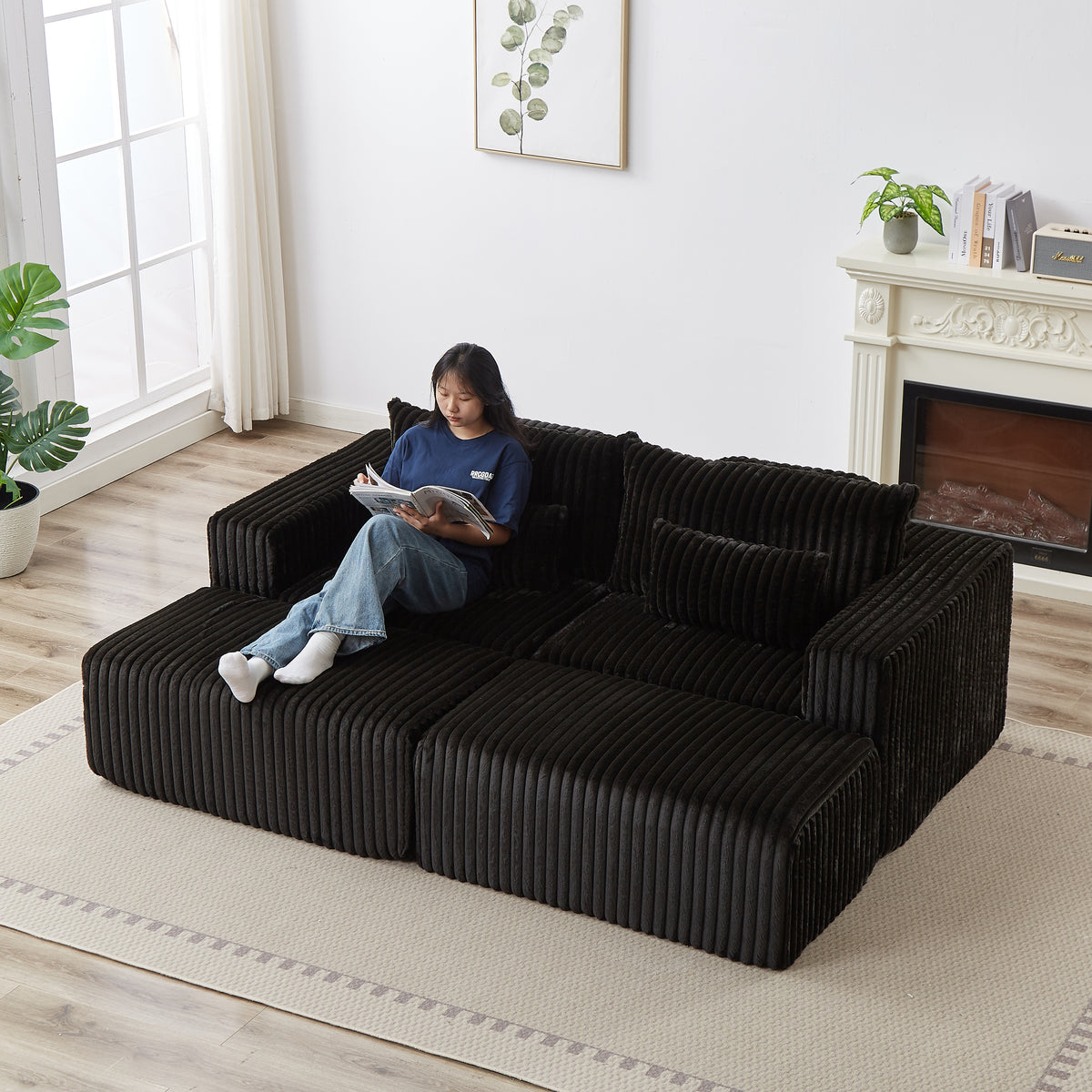 87" Oversized Sectional Lounge Chaise,No Assembly Required,Cloud Plush Loveseat with two Removable Footstool,Fluffy Modern Sleeper Chair for Indoor Living Room Bedroom W834S00333-djyc