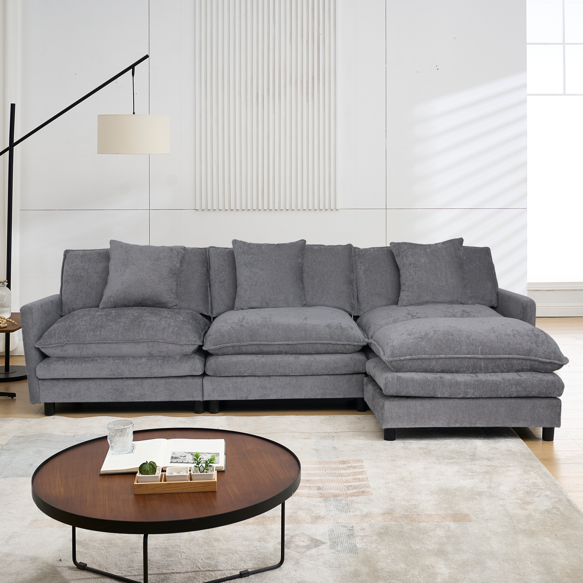 108-inch L-shaped modular frame chenille fabric sofa, featuring a versatile design that adapts to any interior space, delivering boundless comfort and contemporary style.-W2795S00046