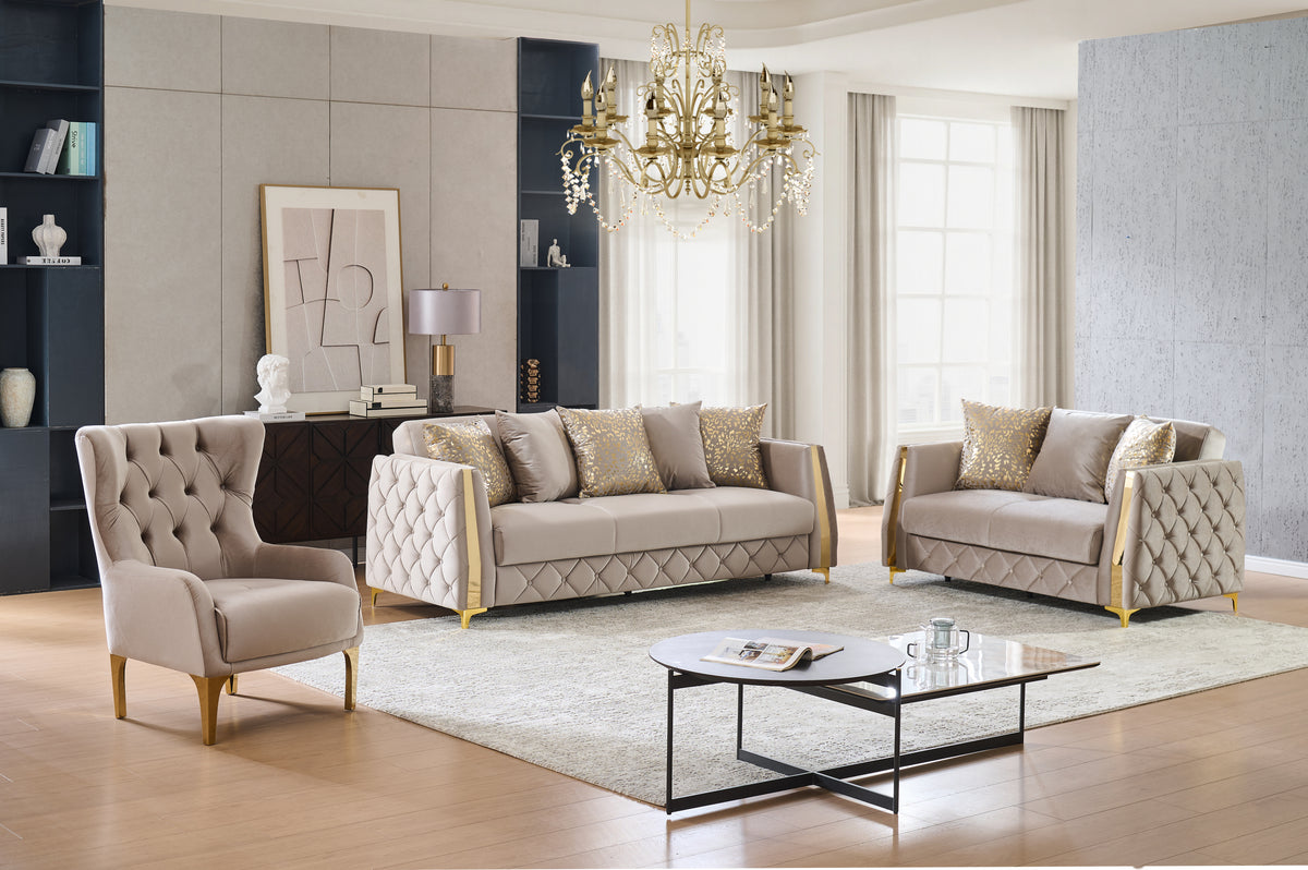 Lippa 3pc Upholstered Sofa, Loveseat and Chair Set in Taupe Fabric with Gold Stainless Steel Legs, Foam Cushioning and Sturdy Wood Frame-B009S02240