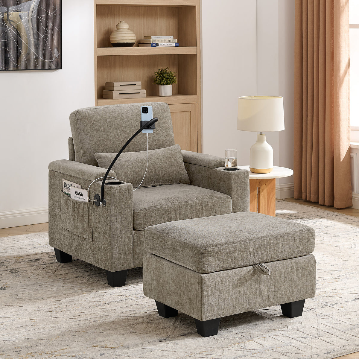 Single sofa recliner with manually adjustable backrest, USB charging port on the armrest side, phone stand included, hidden armrest storage, and a matching storage ottoman-Brown-W487P423653