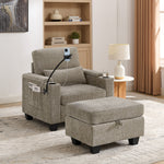 Single sofa recliner with manually adjustable backrest, USB charging port on the armrest side, phone stand included, hidden armrest storage, and a matching storage ottoman-Brown-W487P423653