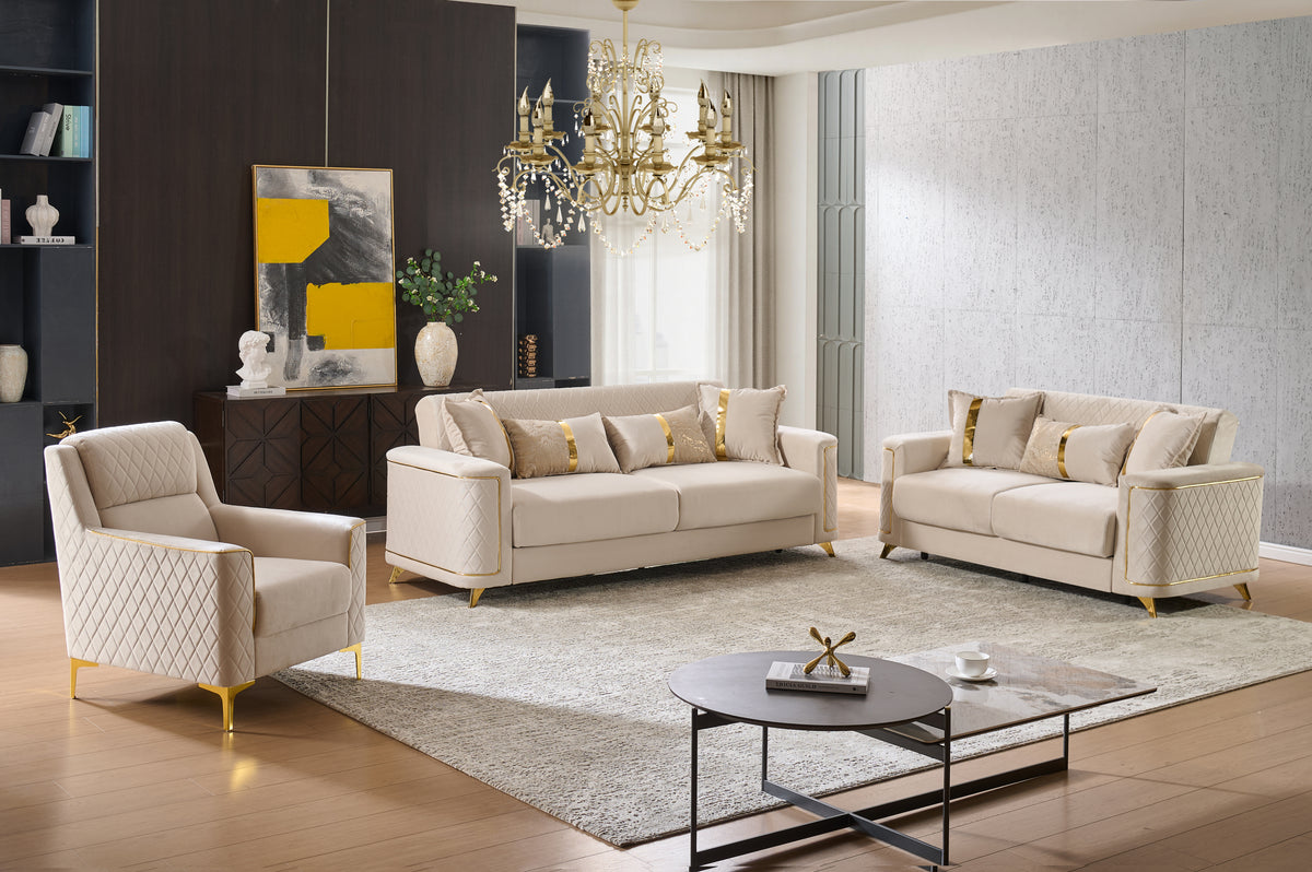 Lisa 3Pc Sofa, Loveseat and Accent Chair Set in Ivory-B009S02228