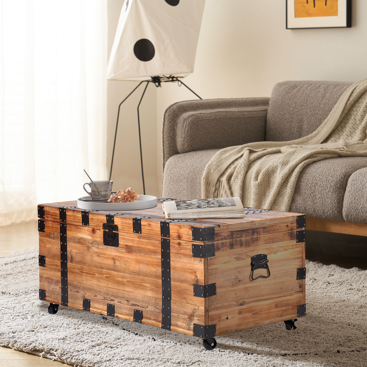 Trunk Table with four wheel Large capacity storage Coffee table, NaturalReclaimed Wood /Black Metal W142562425-djyc