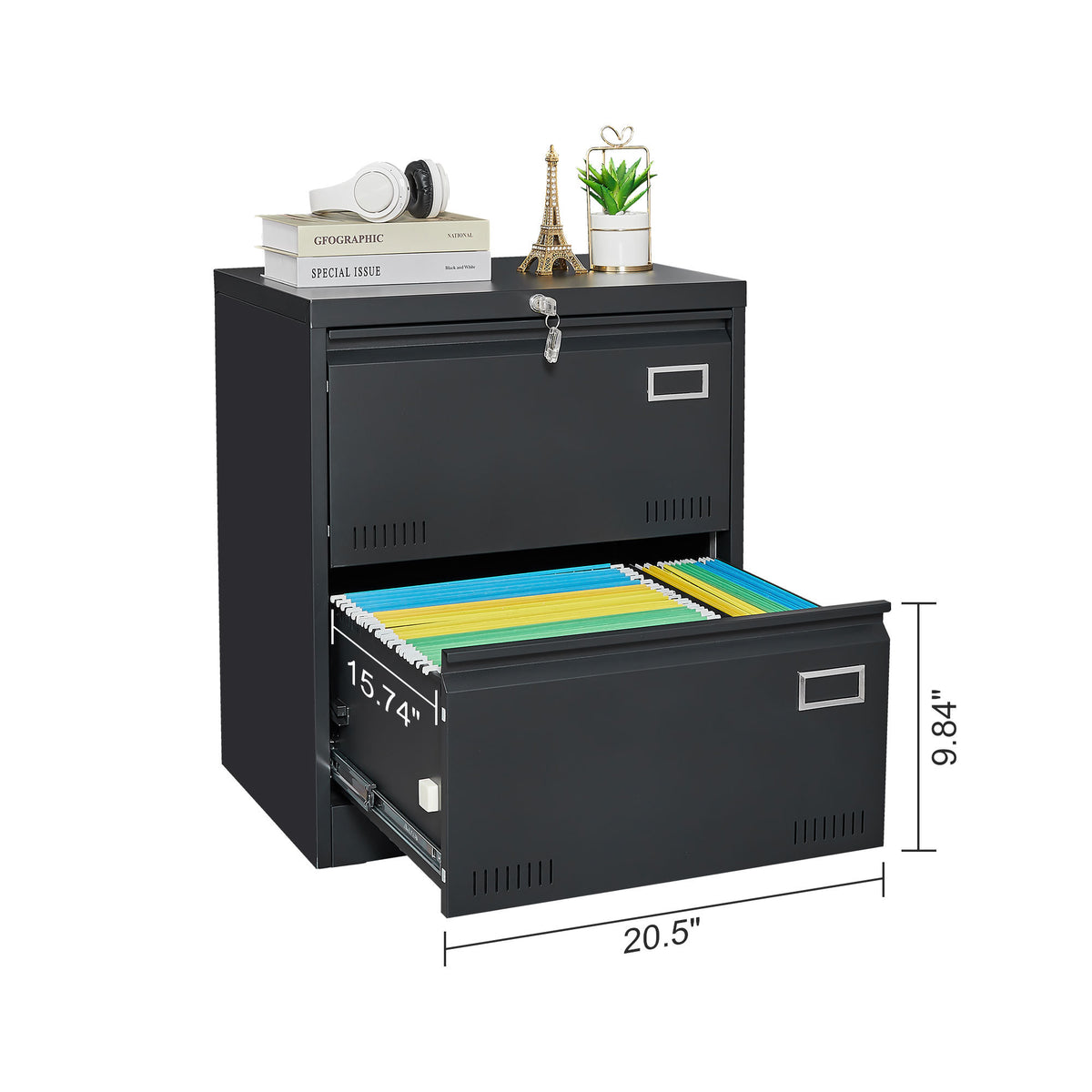 2 Drawer Metal Lateral File Cabinet with Lock,Office Vertical Files Cabinet for Home Office/Legal/Letter/A4,Locking Metal File Cabinet,Assembly Required (Black,with 2 Drawer) W1247P160450-djyc