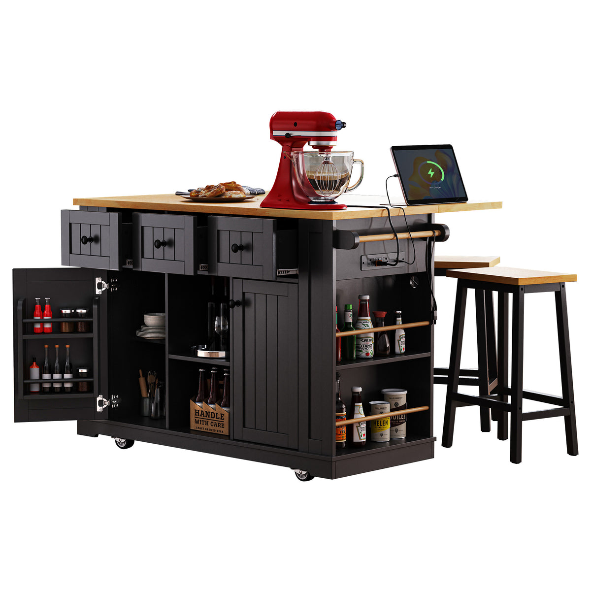 K&K 53inch Large Kitchen Island with 2 Bar Stools, Power Outlet,Door Internal Storage Rack, Kitchen Storage Cart on 5 Wheels with Drop Leaf, 5 Open Side Racks, 3 Drawers, for Kitchen,Dining Room,Black N707S000007B-djyc