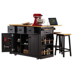 K&K 53inch Large Kitchen Island with 2 Bar Stools, Power Outlet,Door Internal Storage Rack, Kitchen Storage Cart on 5 Wheels with Drop Leaf, 5 Open Side Racks, 3 Drawers, for Kitchen,Dining Room,Black N707S000007B-djyc