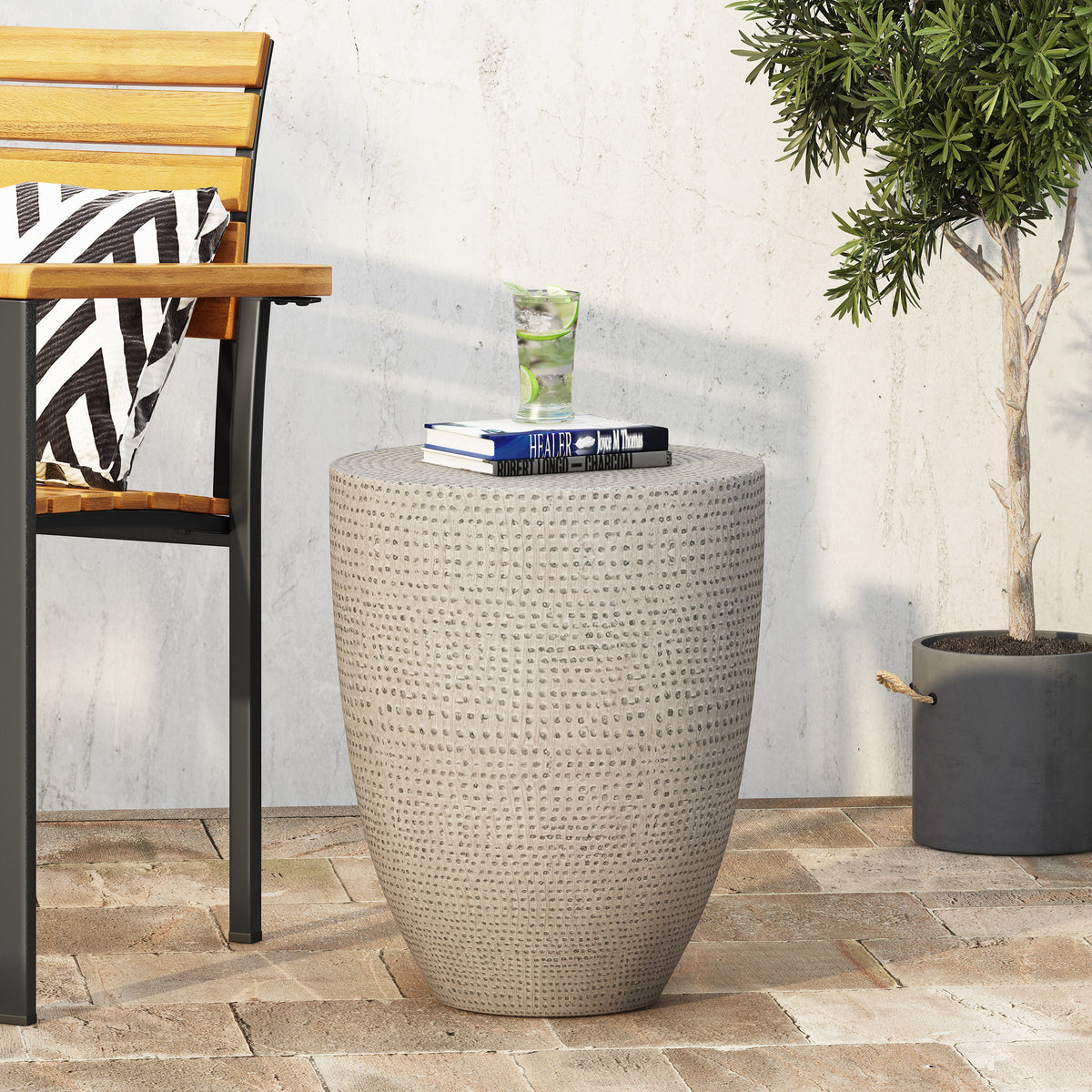 Modern Tapered Cylindrical Concrete Side Table – Textured Design, No Assembly Needed 73445-djyc