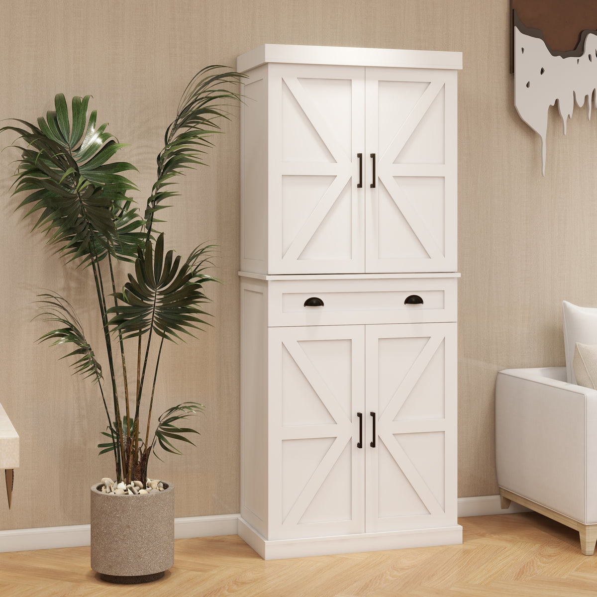 71" Kitchen Pantry Storage Cabinetwith 4 Doors(2Doors with Racks),1 Drawer, 2 Adjustable Shelves, Freestanding Cupboard for Kitchen, Dining Room and Living Room-White W282108550-djyc