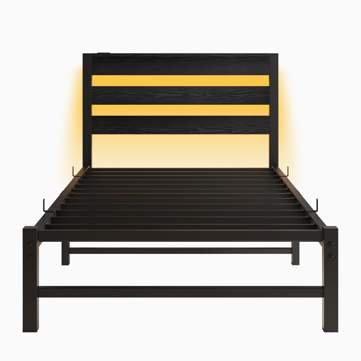 Twin Size Bed Frame Heavy Duty Platform Bed Frame with Headboard, USB Charging Station, LED Bed, No Box Spring Needed, Mattress Foundation, Strong Steel Slats, Noise Free, Black W840P209905-djyc