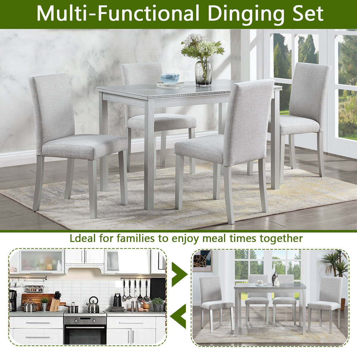 5 Piece Wooden Dining Table Set, Kitchen Table Set with a Rectangular Table and 4 Upholstered Chairs, Wooden Dining Room Table with Crystal Decoration and Chairs Set, Silver grey W1998S00048-djyc