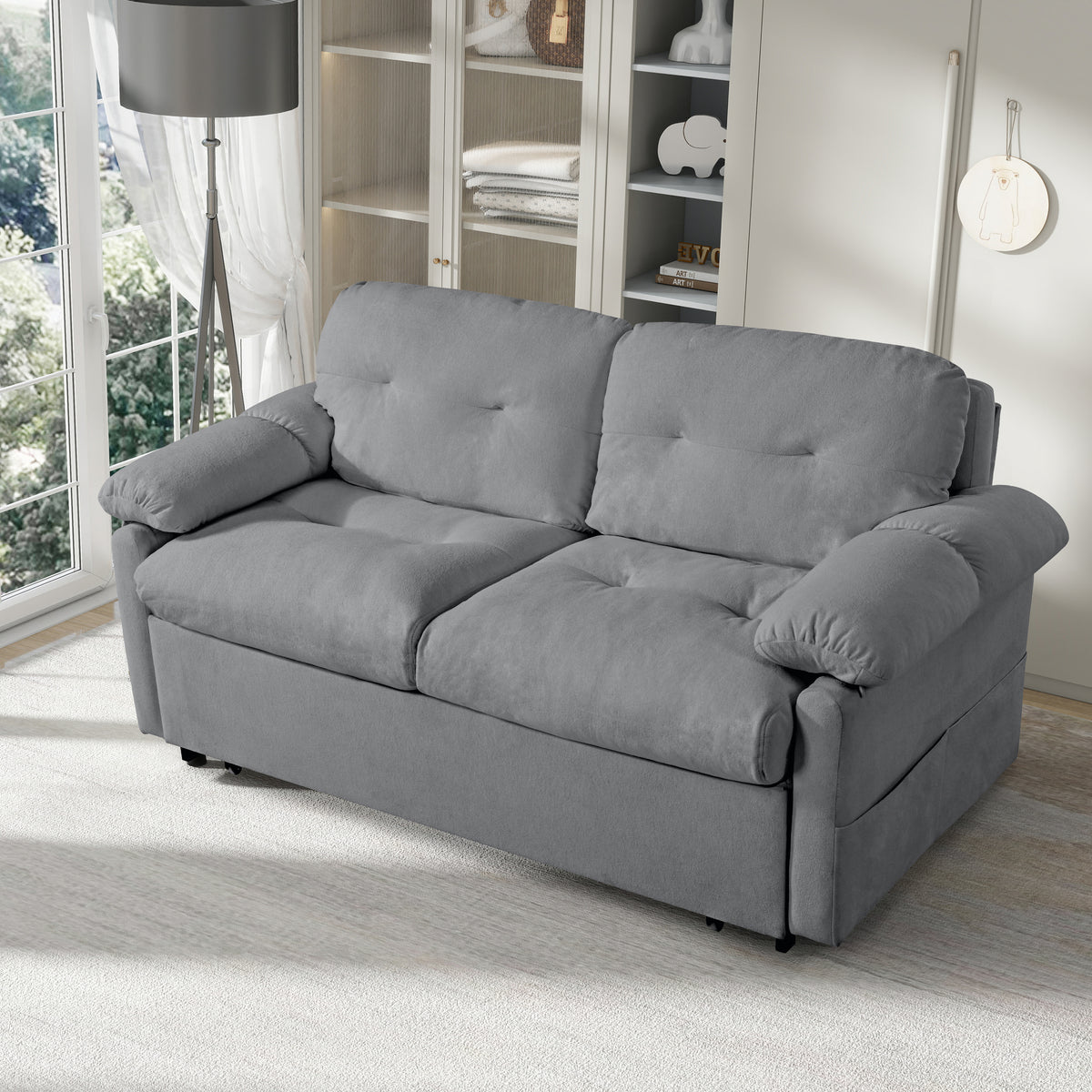Convertible Pull Out Sofa Bed Queen Size, 3-in-1 Convertible Sleeper Couch with Thicked Cushions and Side Storage,Multi-Functional chenille Loveseat Sofa for Living Room,Bedroom,Apartment,Office,Grey W3163P269700-djyc