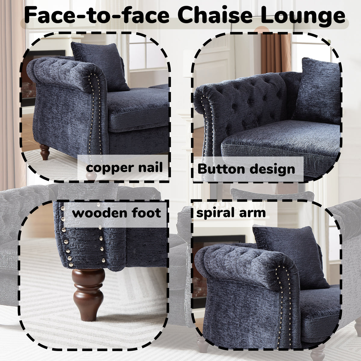 81-inch Chenille Face-to-face Chaise Lounge with Two Pillows,Nailhead trim,Button Tufted Design and Rolled Arms for Lounge, Living room and Office W834S00317-djyc