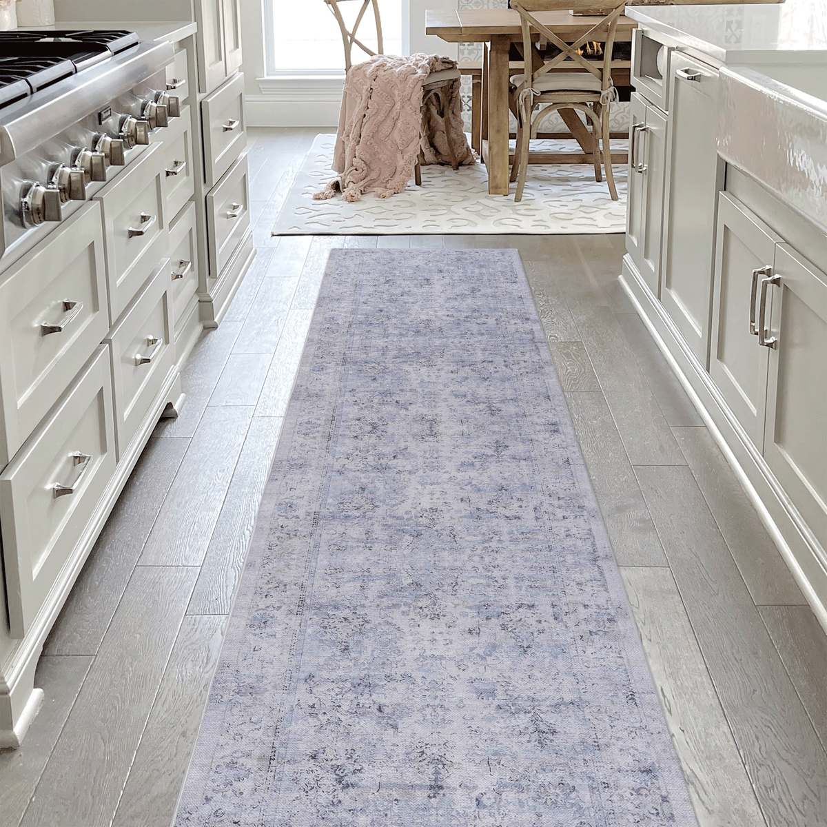 MAVAL Blue Washable Rug 2'6'' x 10' Runner Rug (Blue+Cream, 2'6'' x 10')-B189P189047