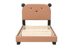 Upholstered Twin Size Platform Bed for Kids, Wooden Bed Frame with Slatted Bed Base, No Box Spring Needed, Cute Bed Frame with Bear Design Headboard for Girls Boys Teens, Brown W1998124482-djyc