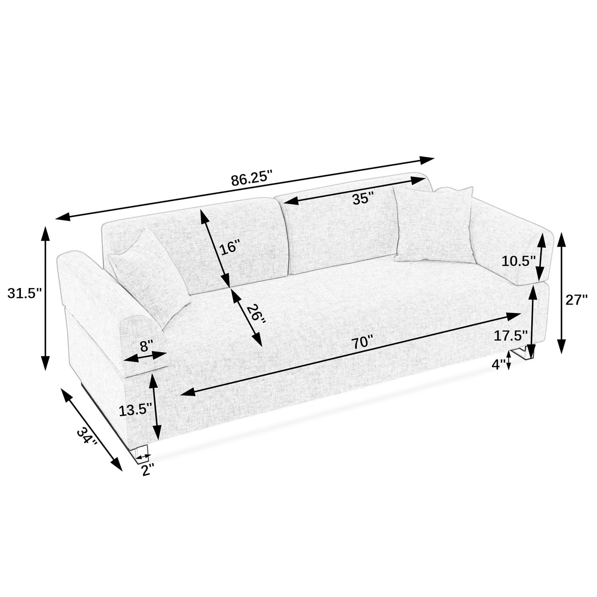 Linen Fabric 3 Seat Sofa with Two End Tables and Two Pillows, Removable Back and Armrest, Morden Style Upholstered 3-Seat Couch for Living Room W487139512-djyc