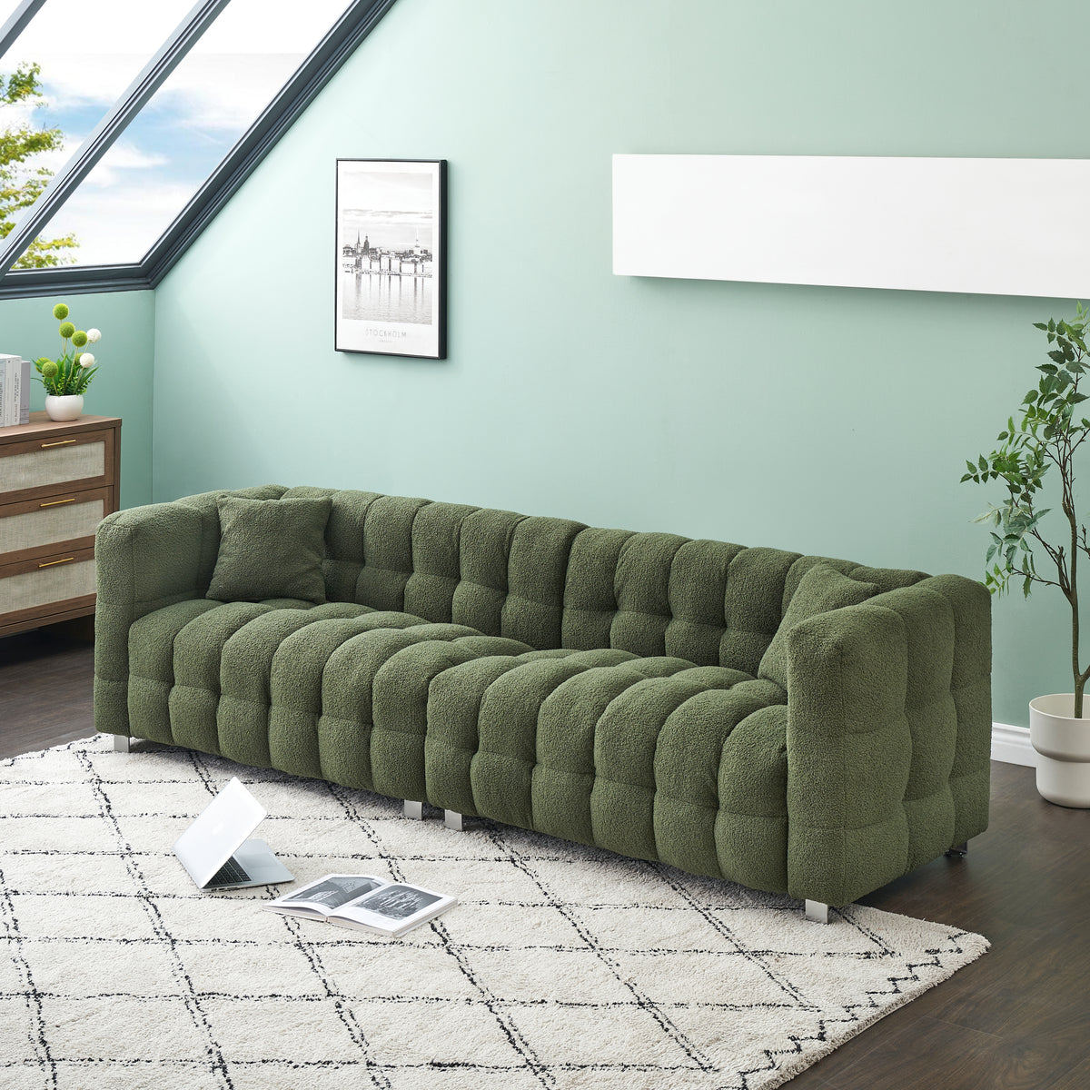 Luxurious 102-Inch Green Teddy Fleece Sofa for Living Room, Bedroom, or Apartment - Includes Two Throw Pillows & Reinforced with Heavy-Duty Hardware Feet W1278S00020-djyc