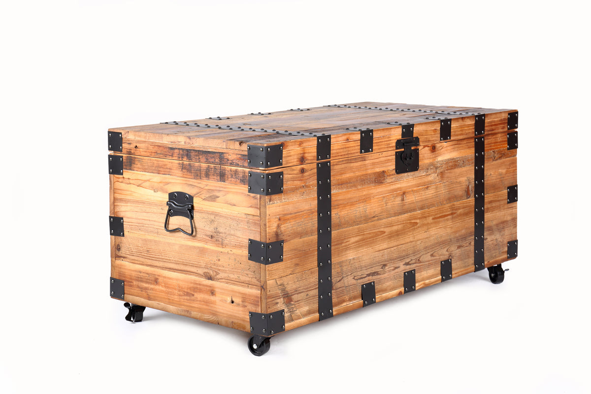 Trunk Table with four wheel Large capacity storage Coffee table, NaturalReclaimed Wood /Black Metal W142562425-djyc