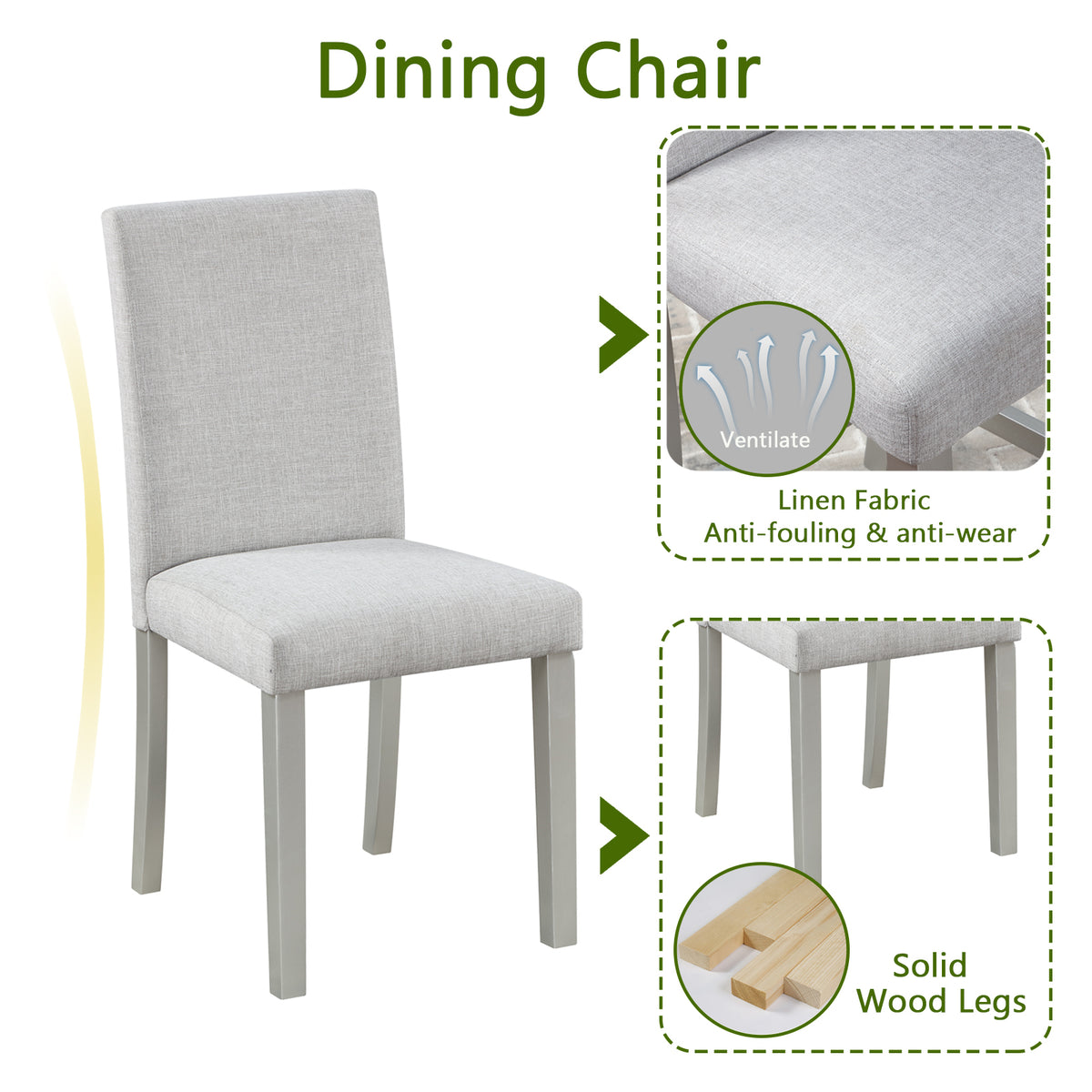 5 Piece Wooden Dining Table Set, Kitchen Table Set with a Rectangular Table and 4 Upholstered Chairs, Wooden Dining Room Table with Crystal Decoration and Chairs Set, Silver grey W1998S00048-djyc