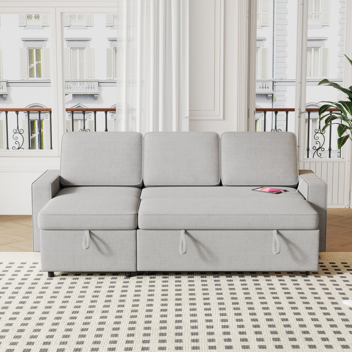 85.8" Pull Out Sleeper Sofa L-Shaped Couch Convertible Sofa Bed with Storage Chaise And Storage Racks,With USB Port And T-pyce Port W834S00267-djyc