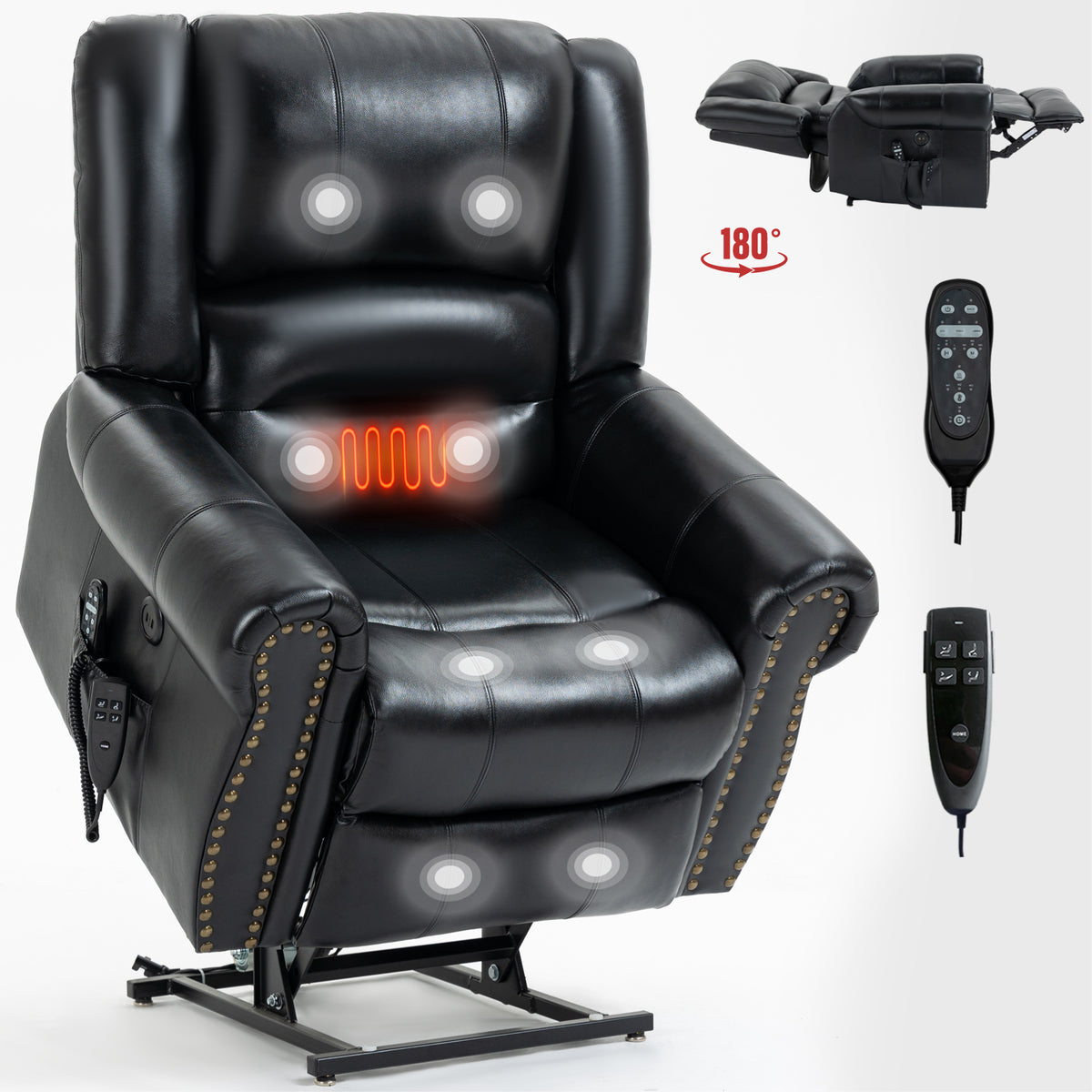 Power Lift Recliner Chair Heat Massage Dual Motor Infinite Position Up to 350 LBS, Genuine Leather, Heavy Duty Motion Mechanism with USB Ports, Black W1803S00015-djyc