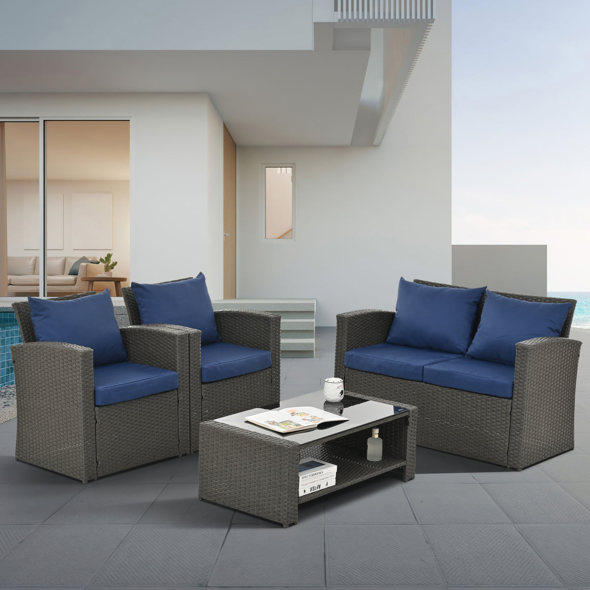Sturdy Outdoor Sectional Sofa Set with Cushions and Glass Coffee Table – Ideal for Patio, Garden, or Poolside W1703S00008-djyc