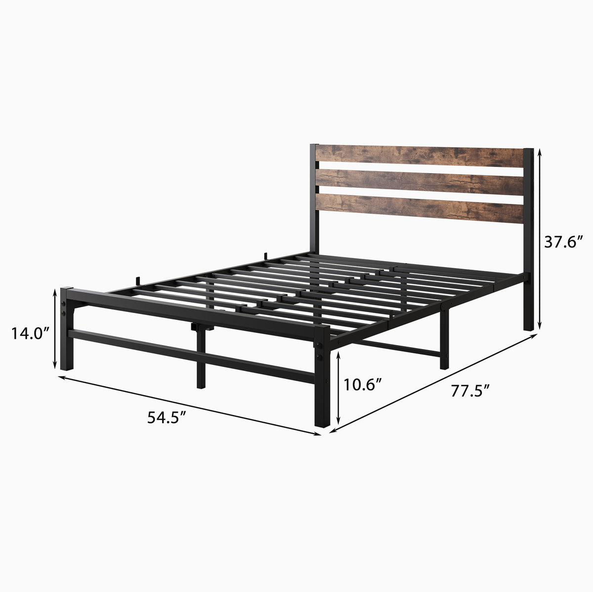 Full Size Platform Bed Frame with Rustic Vintage Wood Headboard, Strong Metal Slats Support Mattress Foundation, No Box Spring Needed Rustic Brown W84084262-djyc