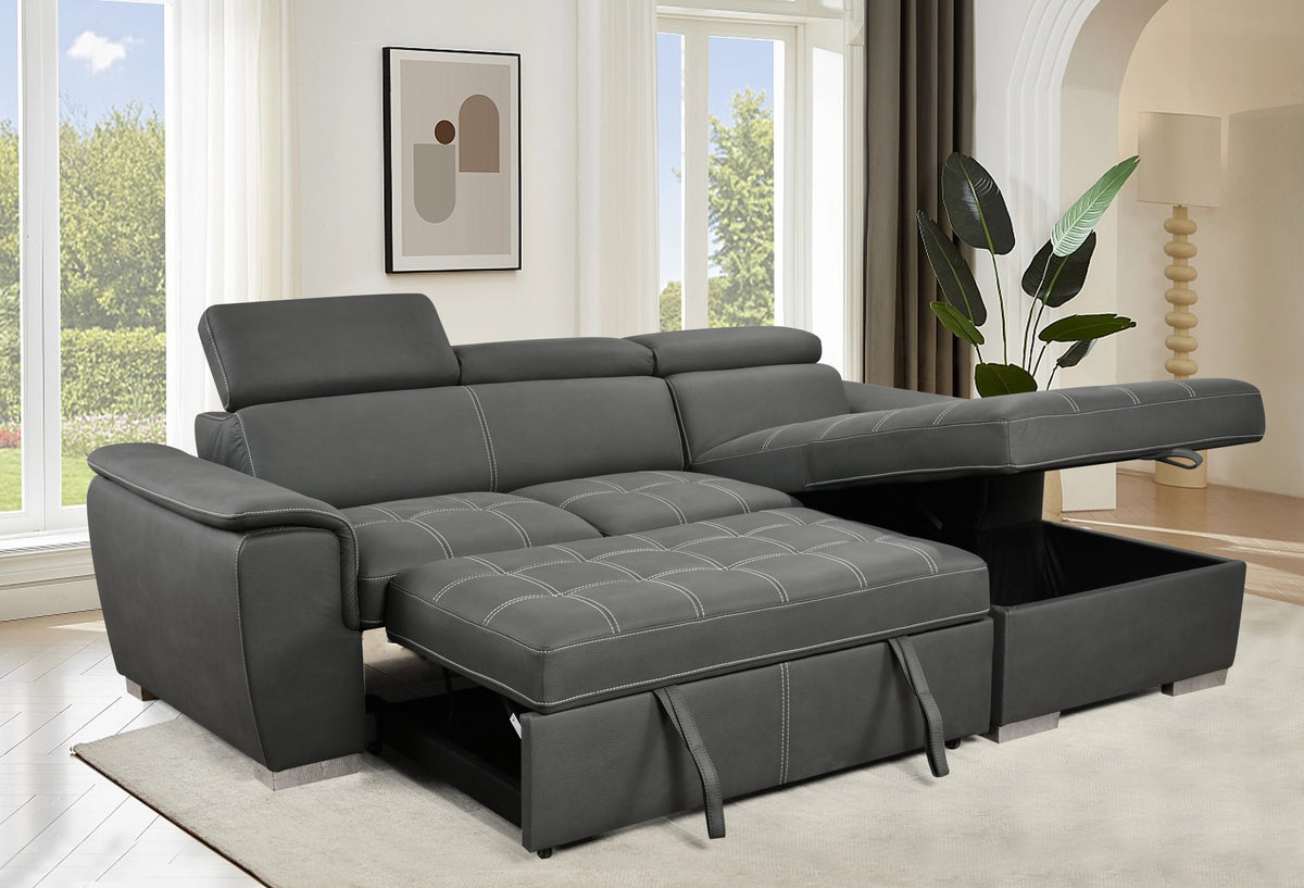 97 inch Convertible Sectional Sofa with Storage Chaise, Adjustable Headrests, Contemporary L-shaped Sleeper Corner Sectional Sofa with a Pull-Out Bed ,Gray W1417S00052-djyc