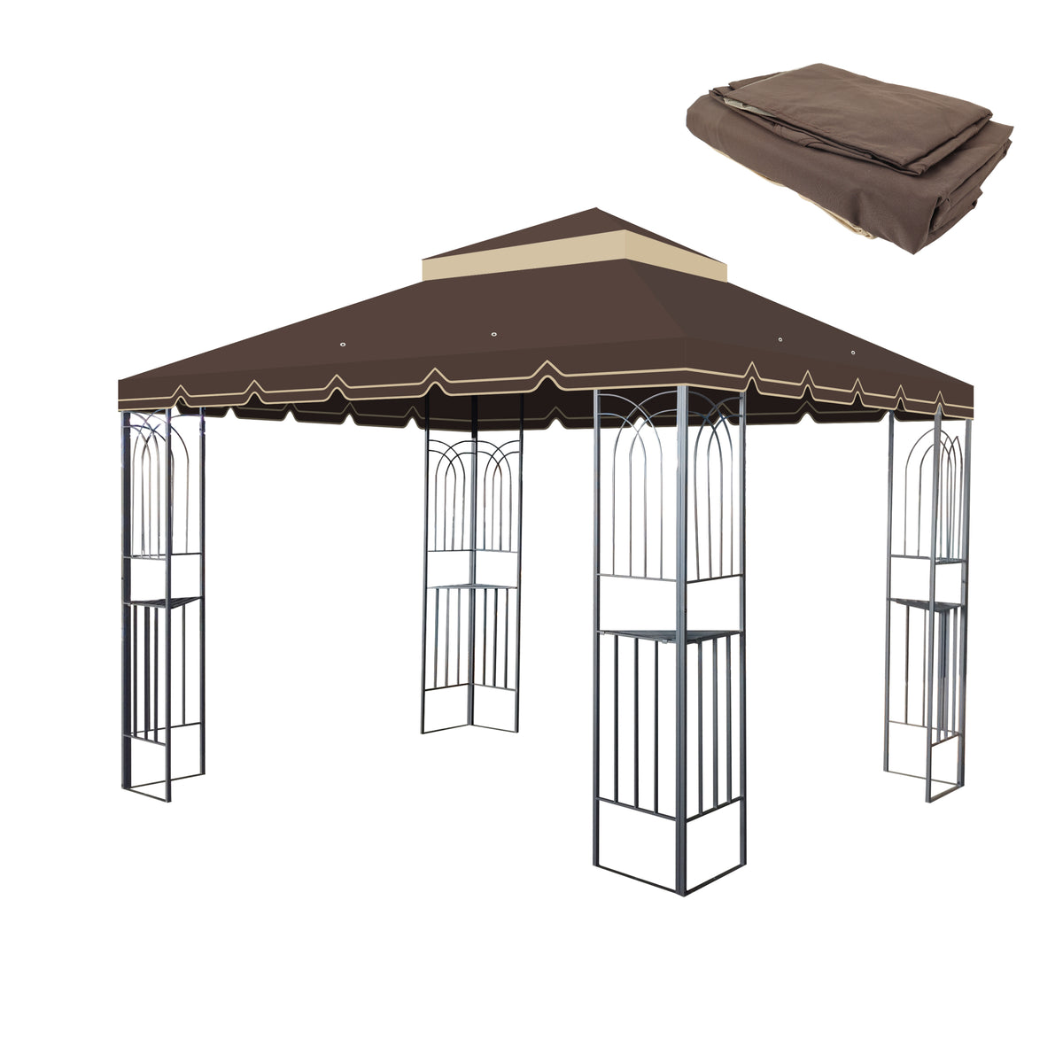 10x10 Ft Outdoor Patio Gazebo Replacement Canopy,Double Tiered Gazebo Tent Roof Top Cover Only Greatwall border(Frame Not Include)-BROWN W419P198362-djyc